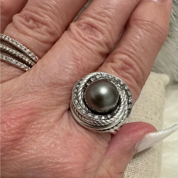David Yurman Tahitian Pearl Diamond Crossover Ring - Picture 11 of 13